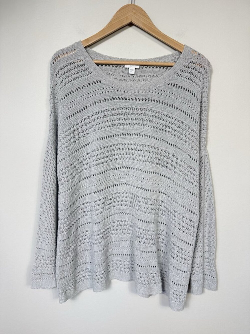 J Jill Sweater Women 2X Gray Silver Pointelle Open Knit Crew Cotton Beach